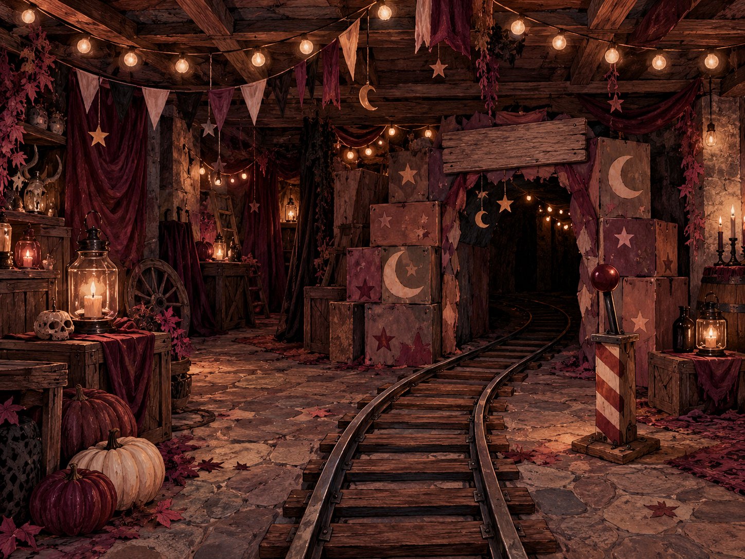 Pip's basement fairground, with a little track curving into a cardboard tunnel