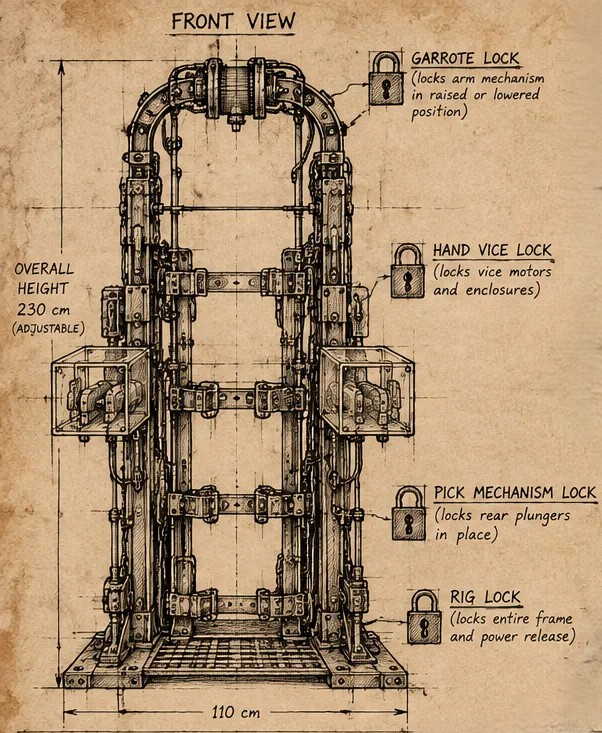 The front view of the rig, with its four locks labelled