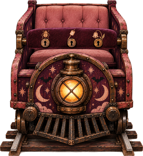 Pip's ghost train car on the track, with three keyholes on its lap bar