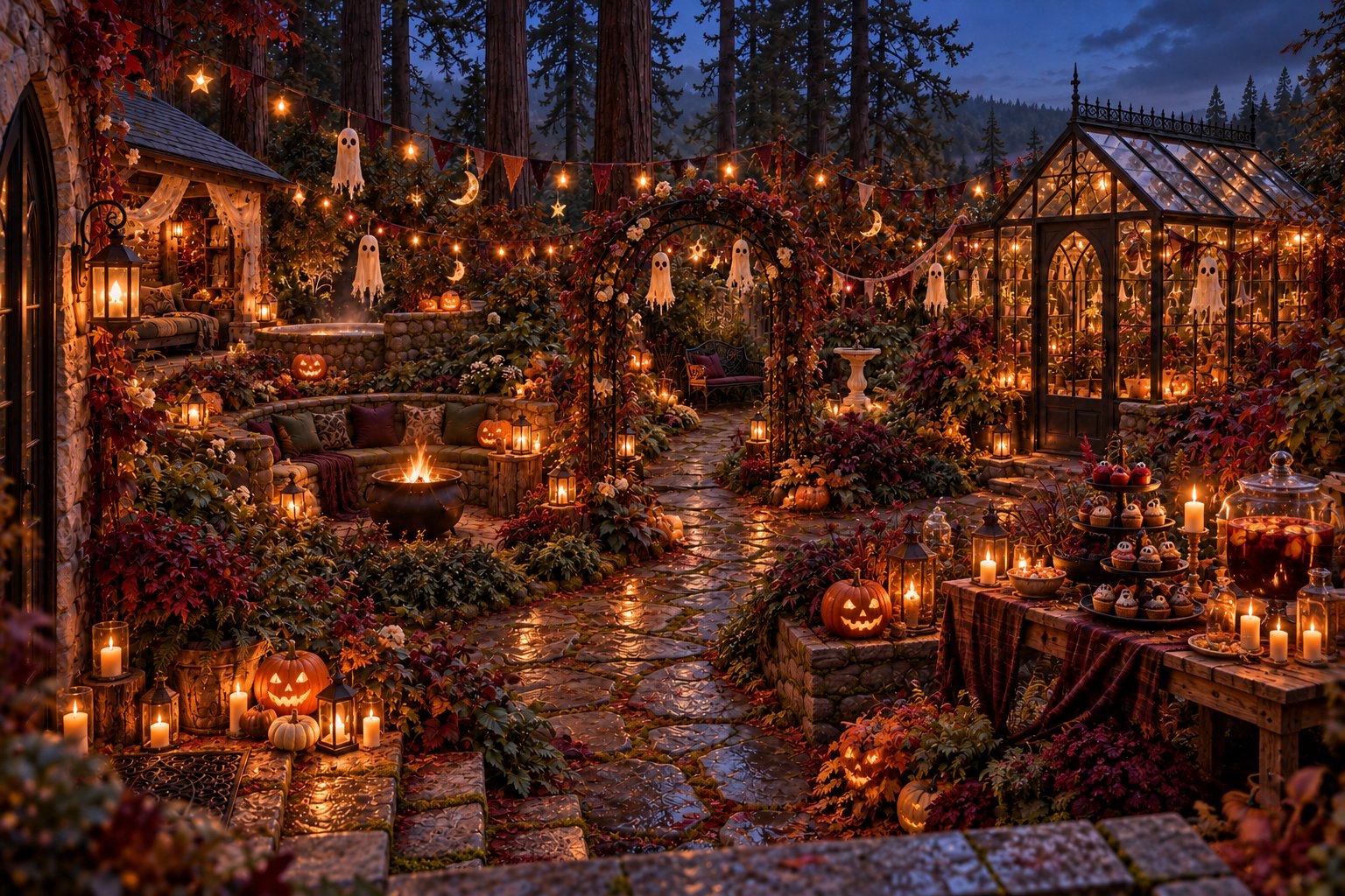 Pip's Halloween party in the backyard garden, lit with lanterns and jack-o'-lanterns, little ghosts strung overhead